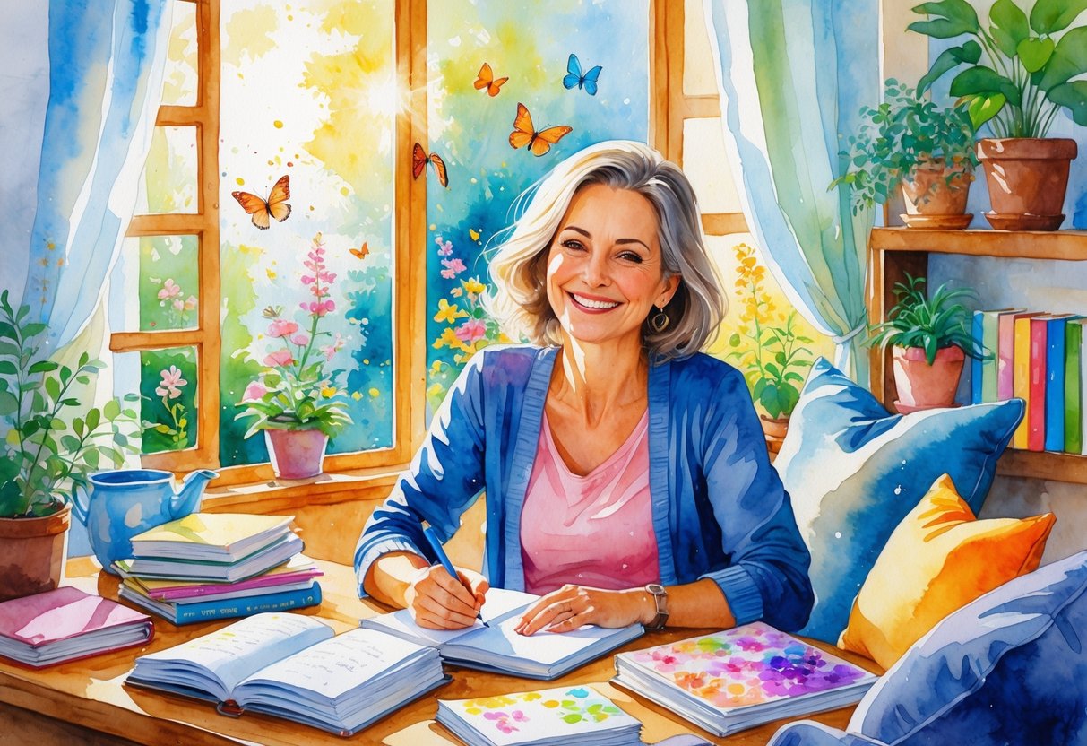 A woman in her 40s sitting at a desk by a window, writing in a notebook surrounded by books and plants.