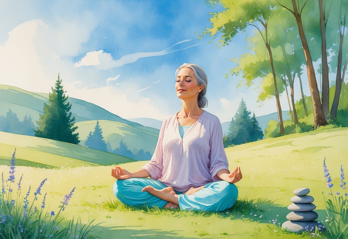 A woman over 40 sitting cross-legged outdoors in a meadow, meditating peacefully with eyes closed, surrounded by wildflowers and trees under a blue sky.