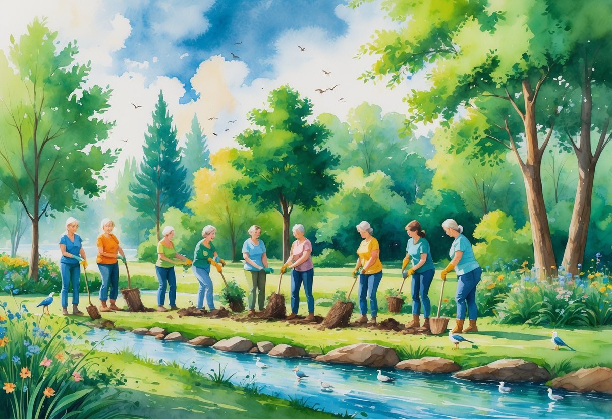 A group of women over 40 planting trees and cleaning a park near a river, surrounded by greenery and flowers.
