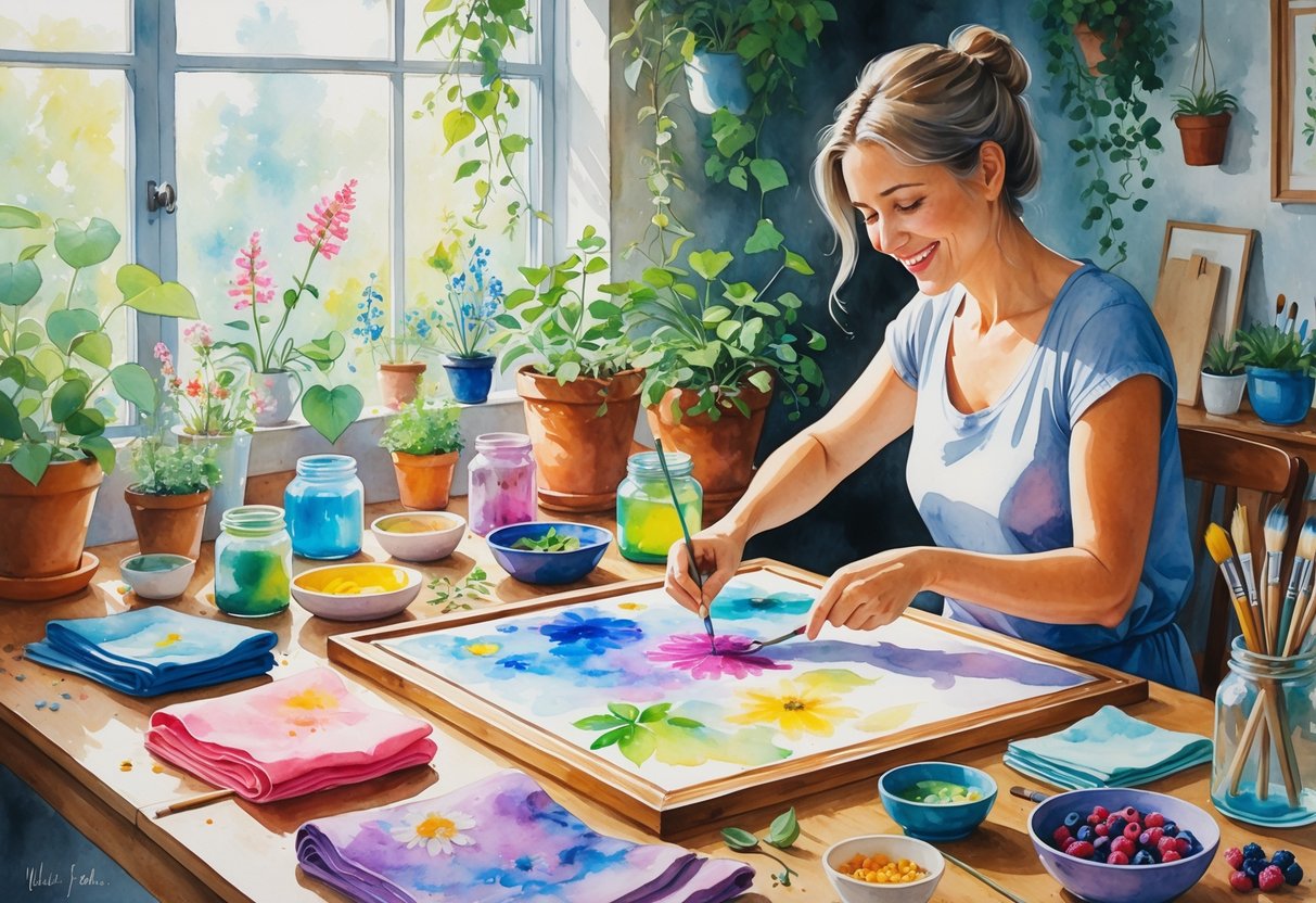 A woman painting fabric at a wooden table surrounded by natural dye materials and plants in a bright, cozy room.