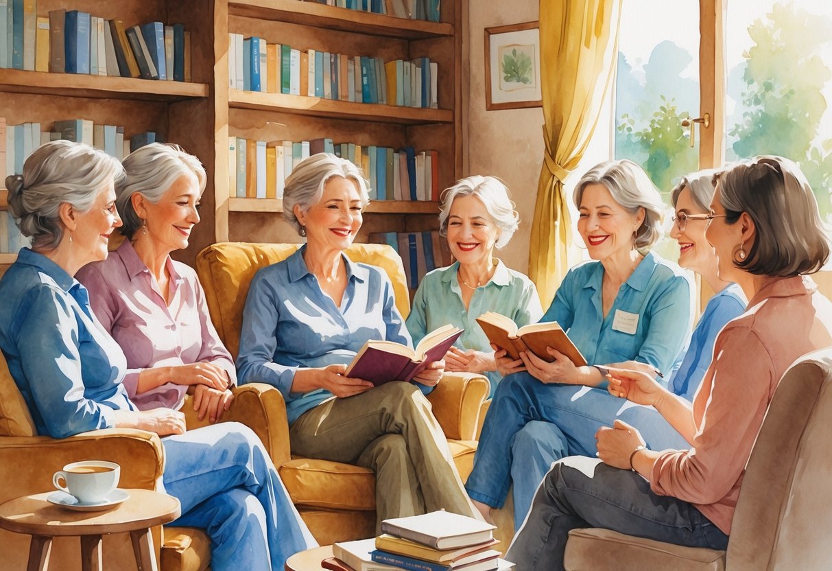 A group of women over 40 sitting together in a cozy room, reading and talking with books and tea around them.