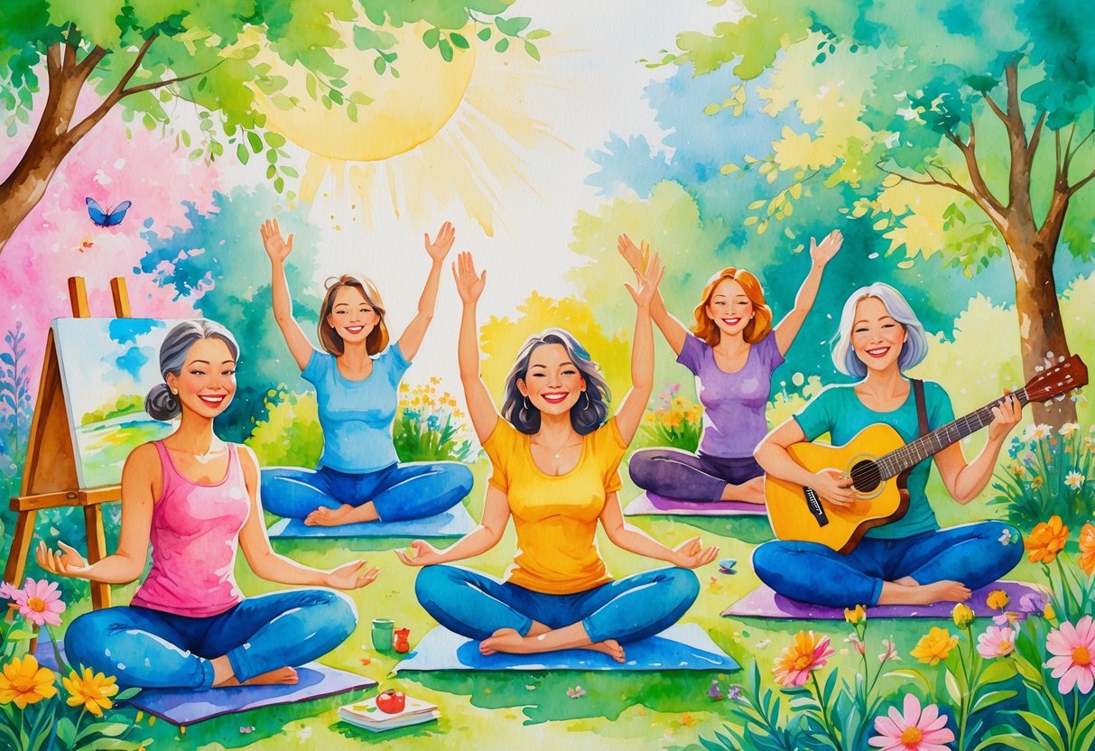 A group of women over 40 enjoying various hobbies like painting, yoga, reading, gardening, playing music, and cooking in a bright, natural setting.