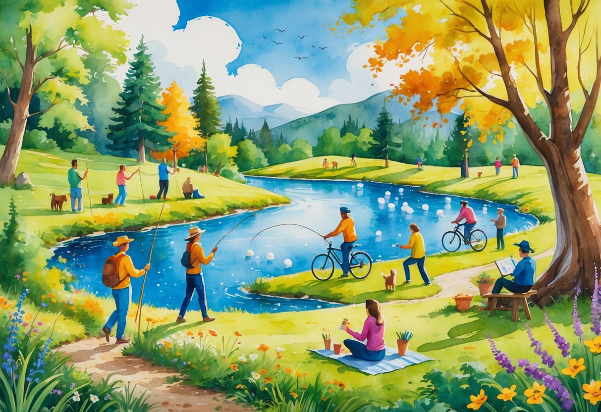 People enjoying various outdoor activities like hiking, fishing, camping, painting, cycling, gardening, playing guitar, practicing yoga, birdwatching, and reading in a natural setting.