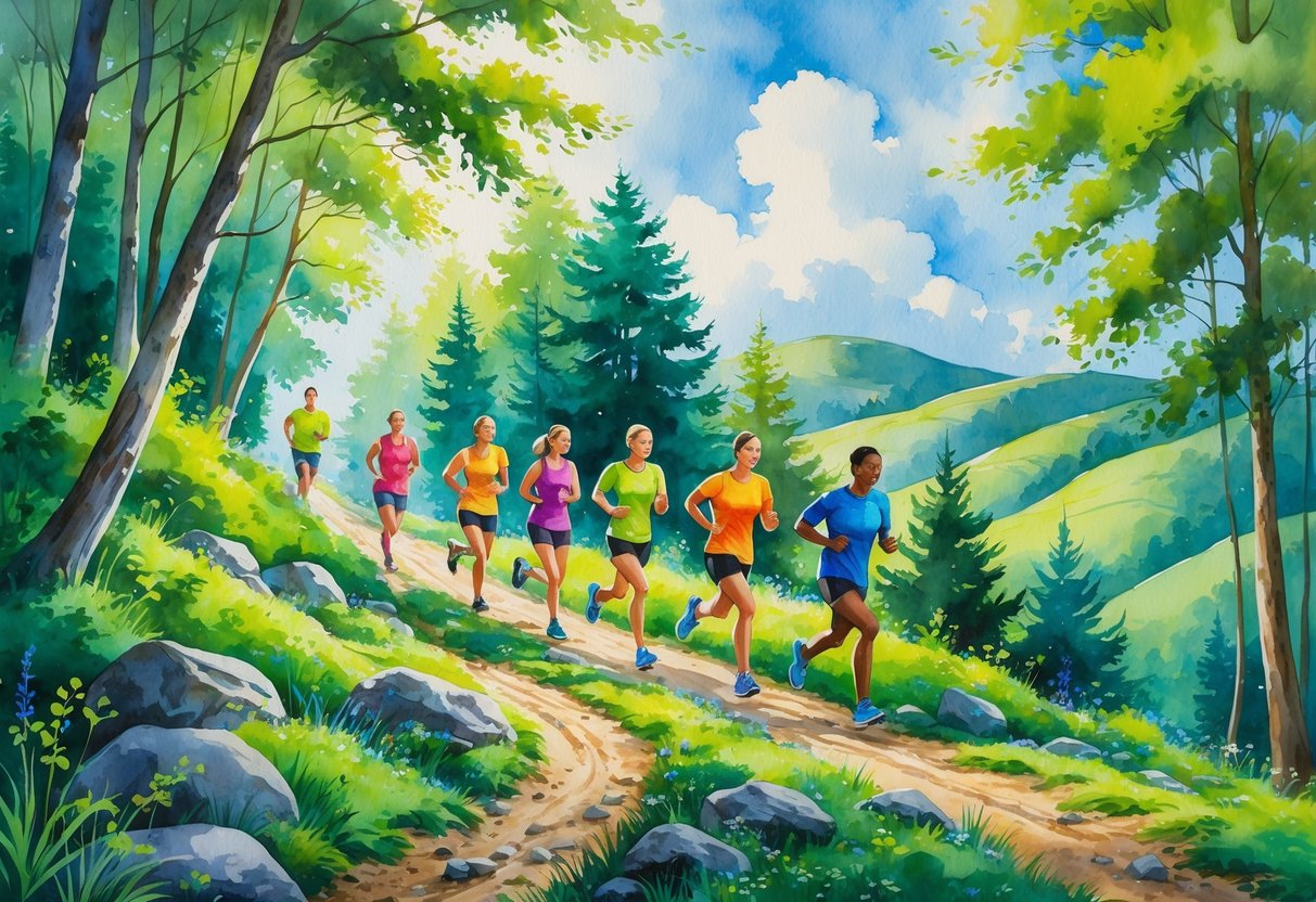 A group of runners jogging along a forest trail surrounded by trees, hills, and wildflowers on a clear day.