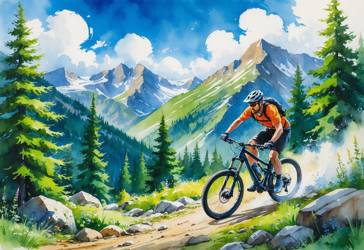 A cyclist riding a mountain bike on a rocky trail surrounded by trees and mountains under a blue sky.