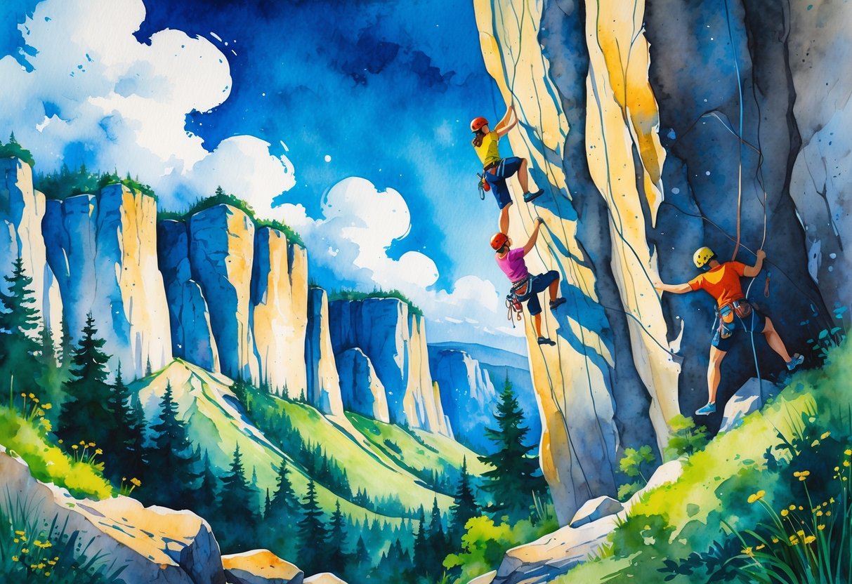 People climbing a rocky cliff surrounded by trees and mountains under a blue sky.