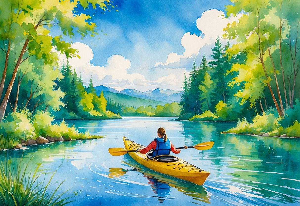 A person kayaking on a calm lake surrounded by trees and mountains under a clear sky.