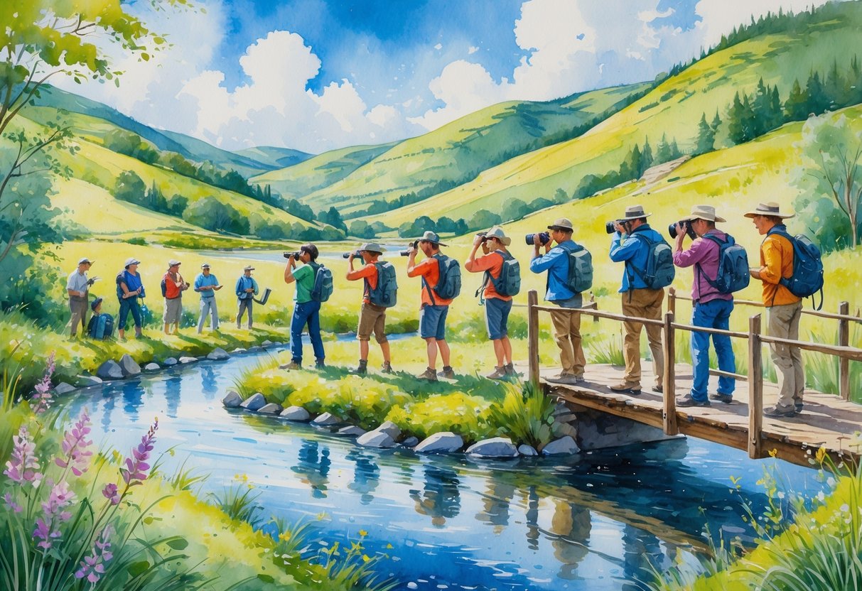 A group of people outdoors taking photographs in a natural landscape with hills, a river, and wildflowers.