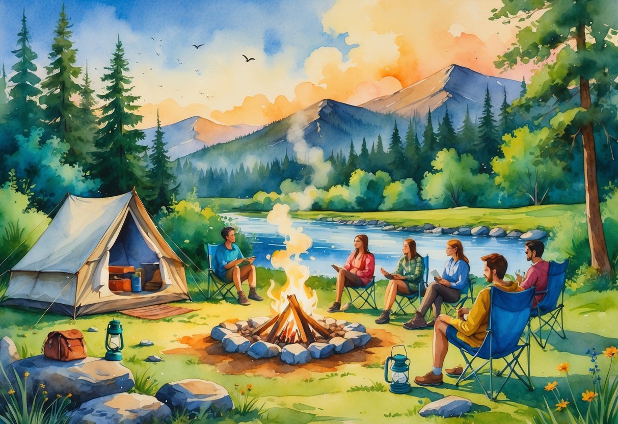 A group of friends camping by a river with a tent, campfire, and forested mountains in the background during sunset.