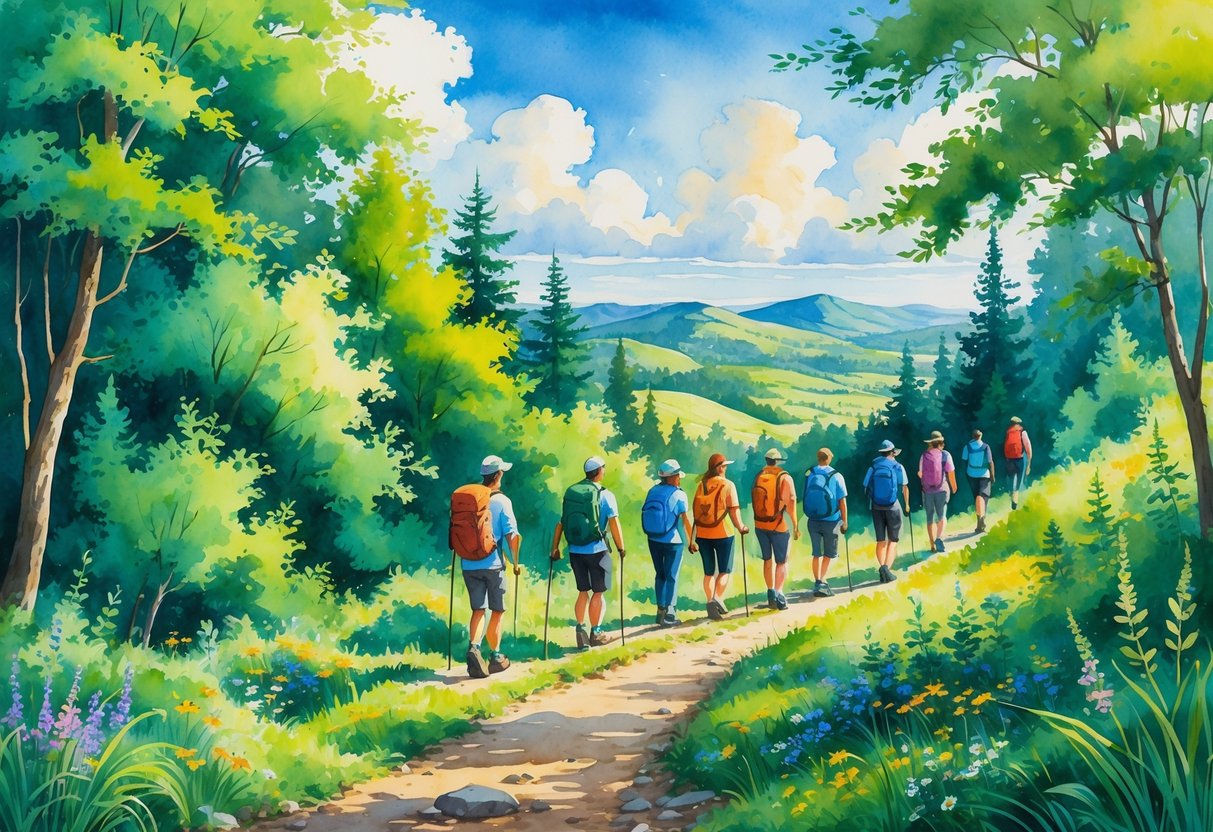 A group of hikers walking on a forest trail surrounded by trees, wildflowers, hills, and mountains under a clear sky.