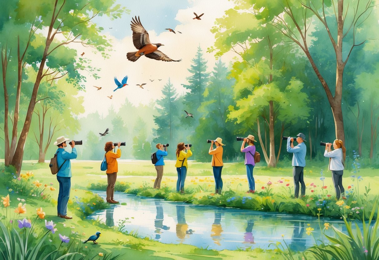 People bird watching in a forest clearing with trees, wildflowers, and birds perched on branches and flying overhead.