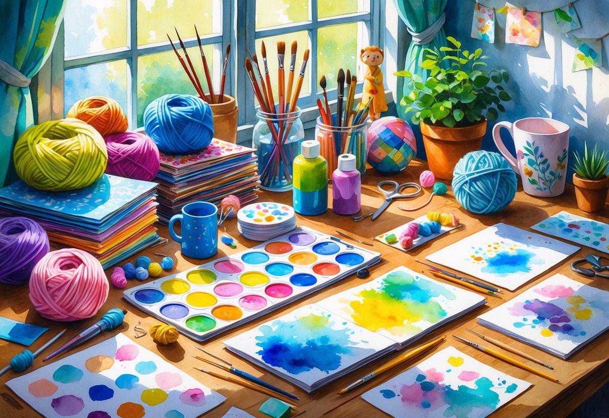 A cozy crafting workspace with yarn, paintbrushes, paper, scissors, and handmade decorations on a wooden table near a window.