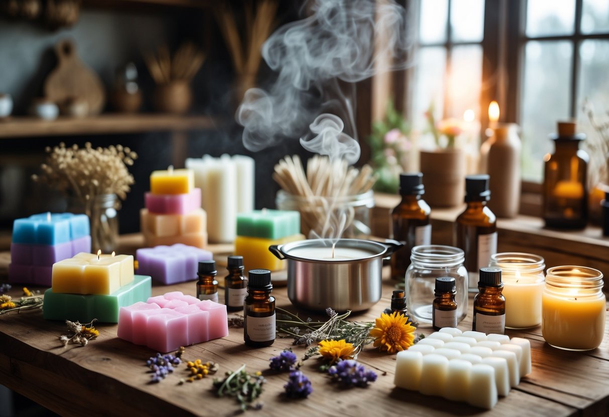 A table with supplies for making scented candles including wax blocks, glass jars, essential oils, dried flowers, wicks, and a melting pot in a cozy kitchen setting.