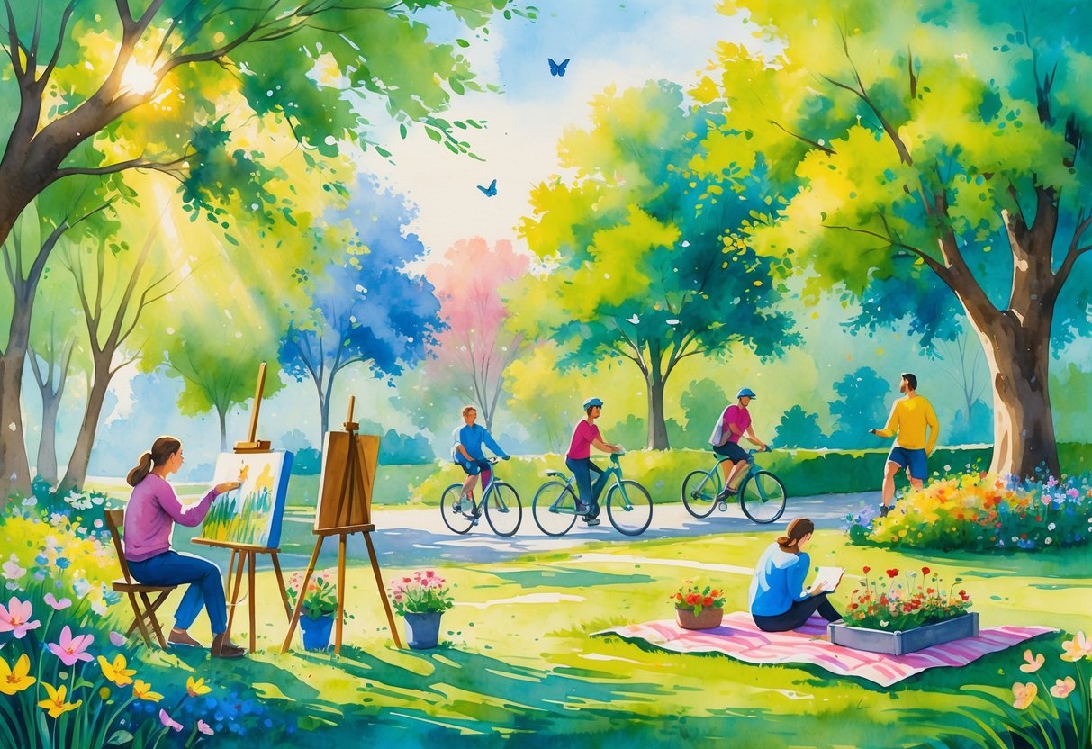 People enjoying various hobbies outdoors in a park, including painting, playing guitar, cycling, gardening, and reading.