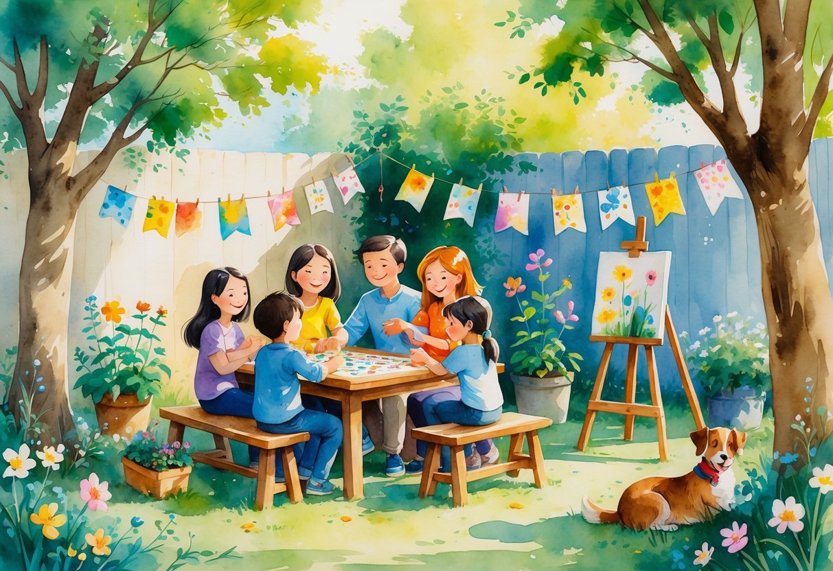 A family enjoying various hobbies together outdoors, including playing a board game, gardening, reading under a tree, and painting on an easel.