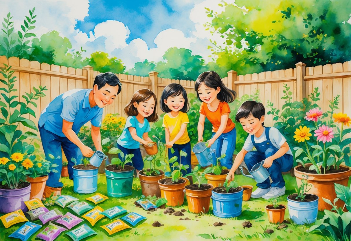 A family gardening together in a small backyard with plants growing in simple containers and seed packets nearby.