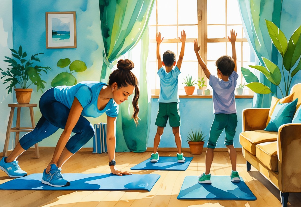 A family exercising together at home with one person doing push-ups, a child doing jumping jacks, and another stretching near a window.