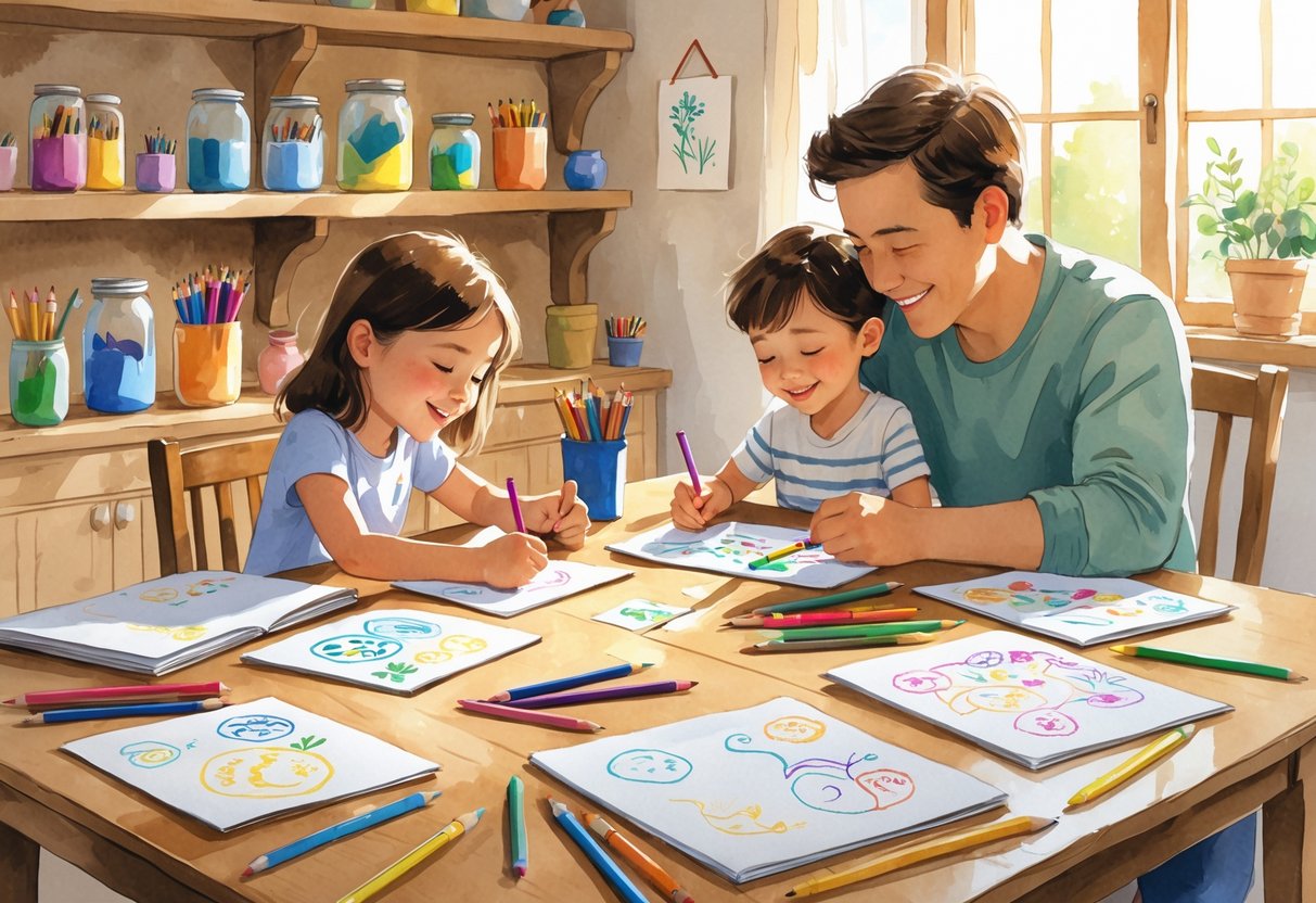 A family sitting around a table drawing and doodling with colored pencils and paper in a warm, cozy room.