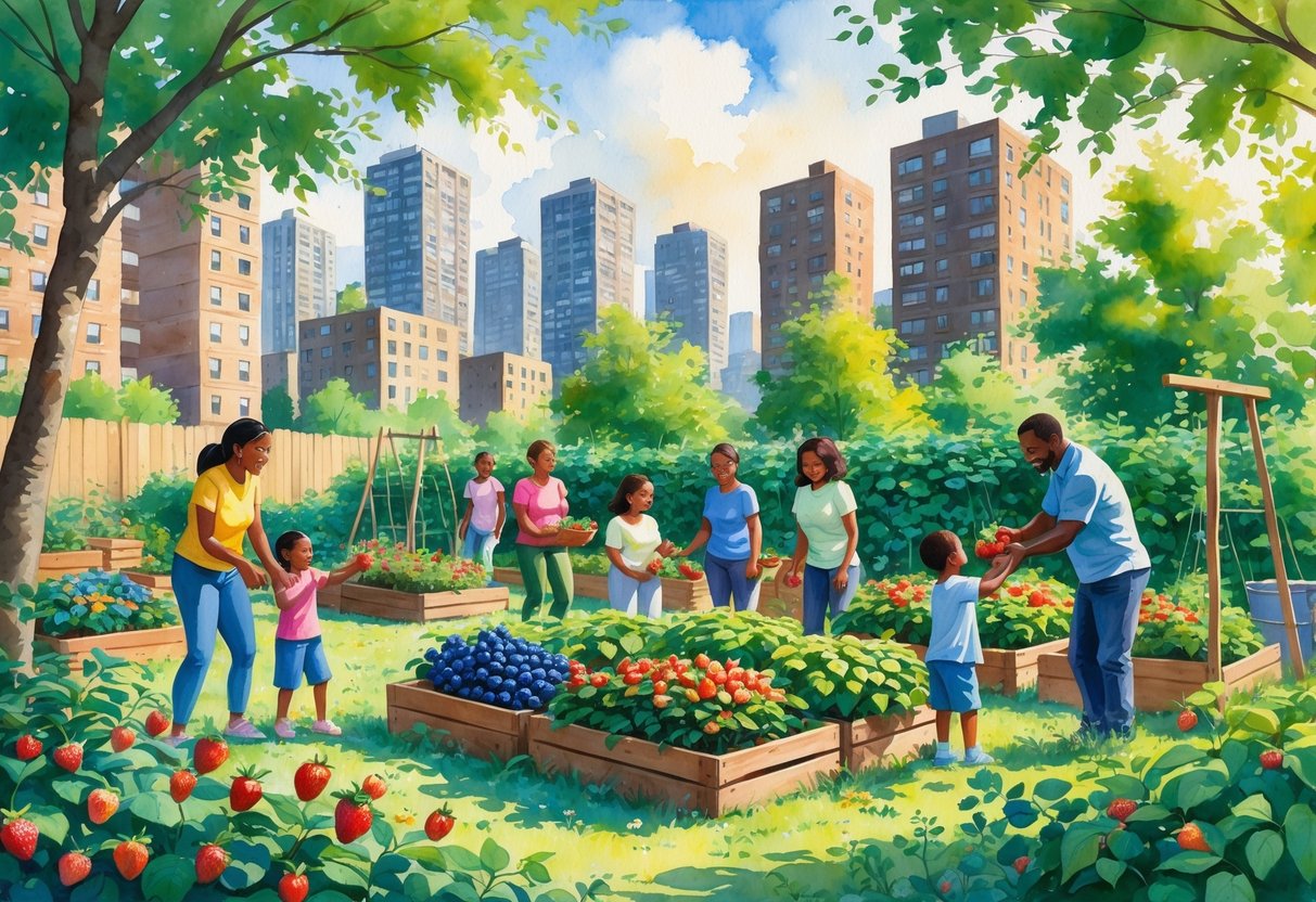 Families picking fruits and berries together in a community garden surrounded by city buildings.