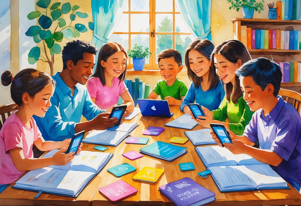 A family gathered around a table using tablets and notebooks to learn together at home.
