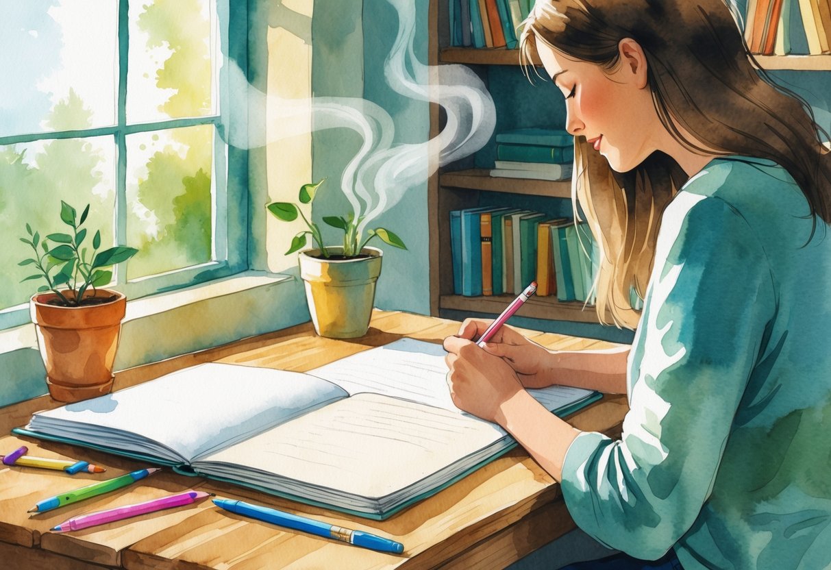 A person writing in a journal at a wooden table near a window with books and a potted plant in the background.