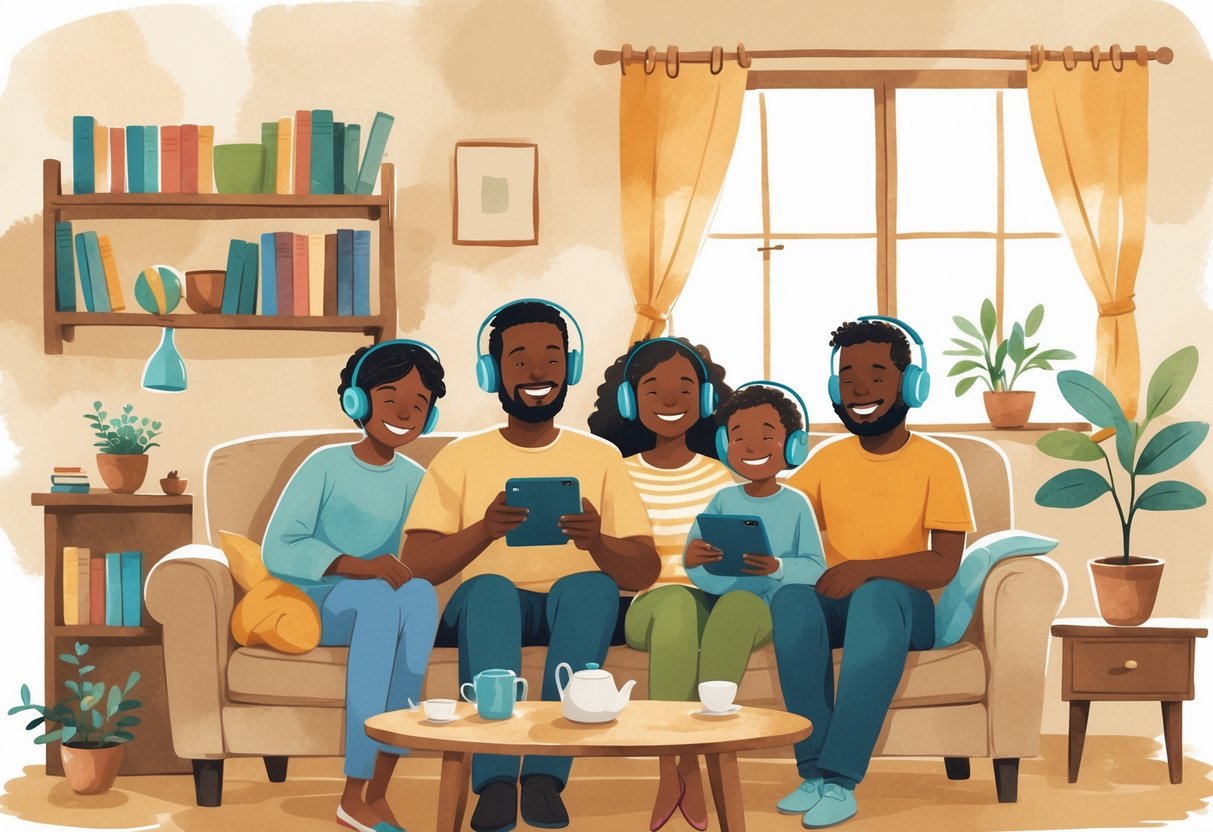A family of four sitting together on a couch listening to podcasts with headphones in a modest living room.