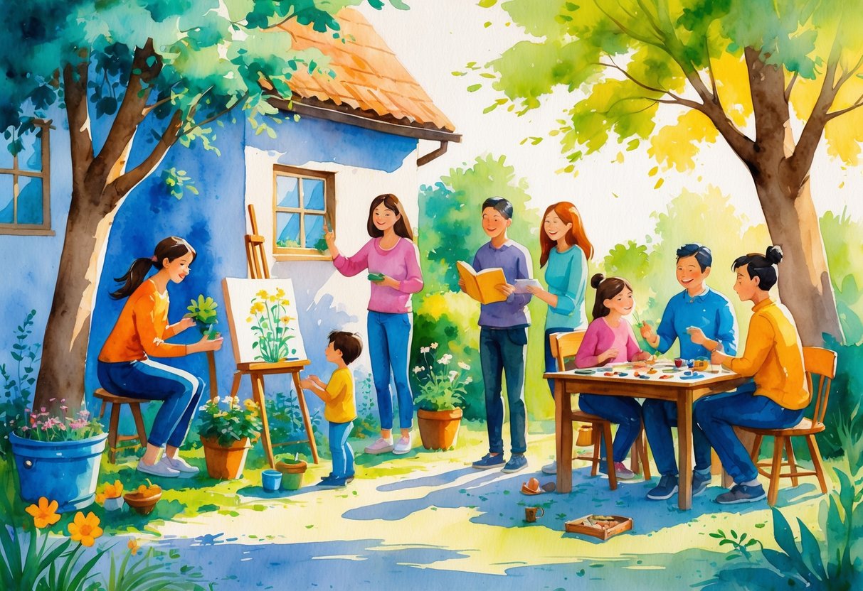 A family enjoying various affordable hobbies together outdoors and indoors, including gardening, painting, reading, playing board games, and knitting.