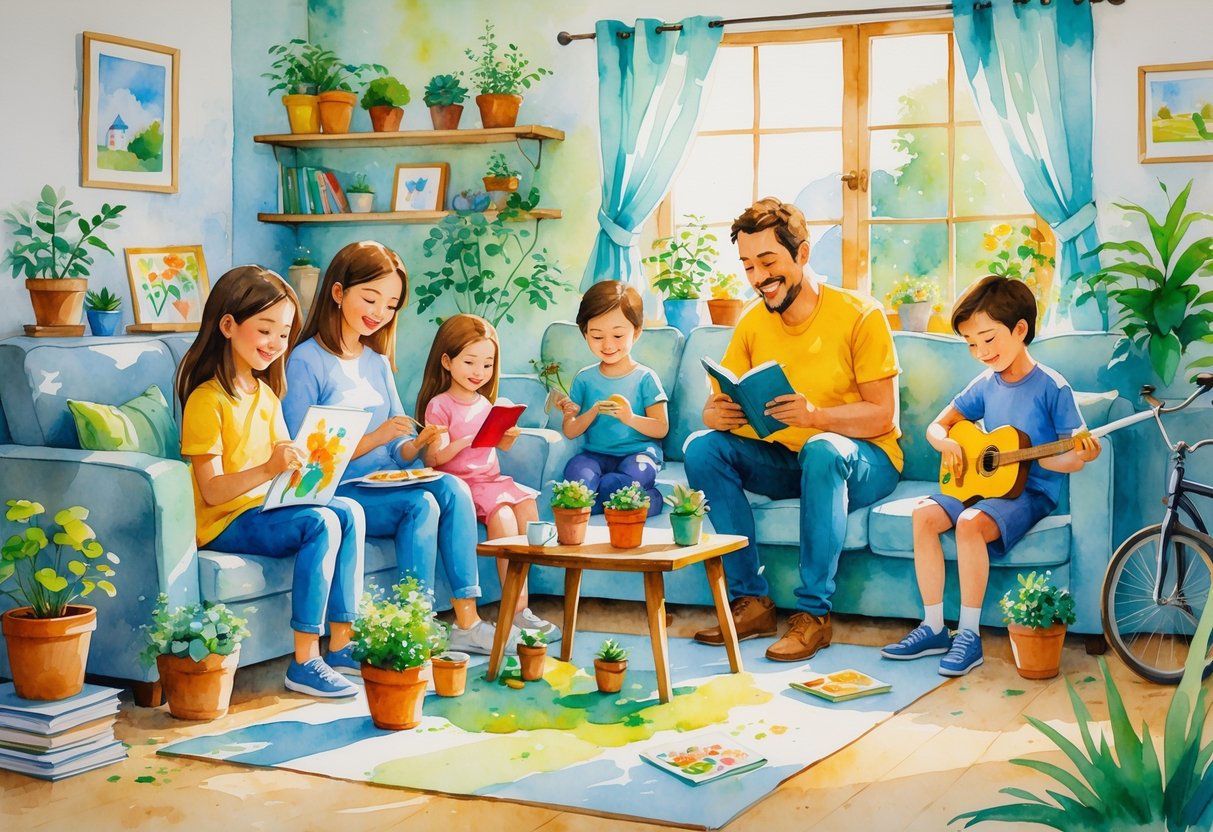 A family spending time together indoors, engaged in painting, reading, gardening, and playing music, with a view of outdoor activities through a window.
