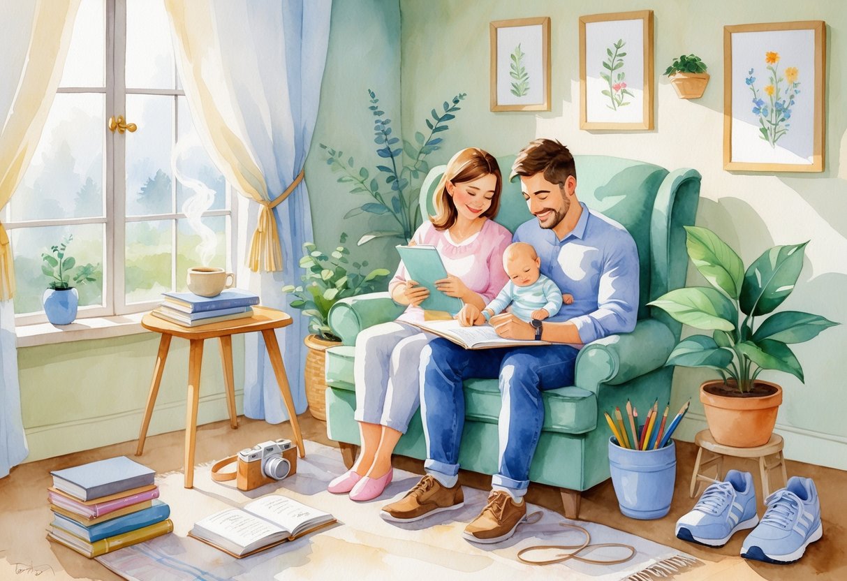 A mother holding a baby and a father writing in a journal together in a cozy nursery surrounded by items representing various hobbies like books, art supplies, tea, and a musical instrument.