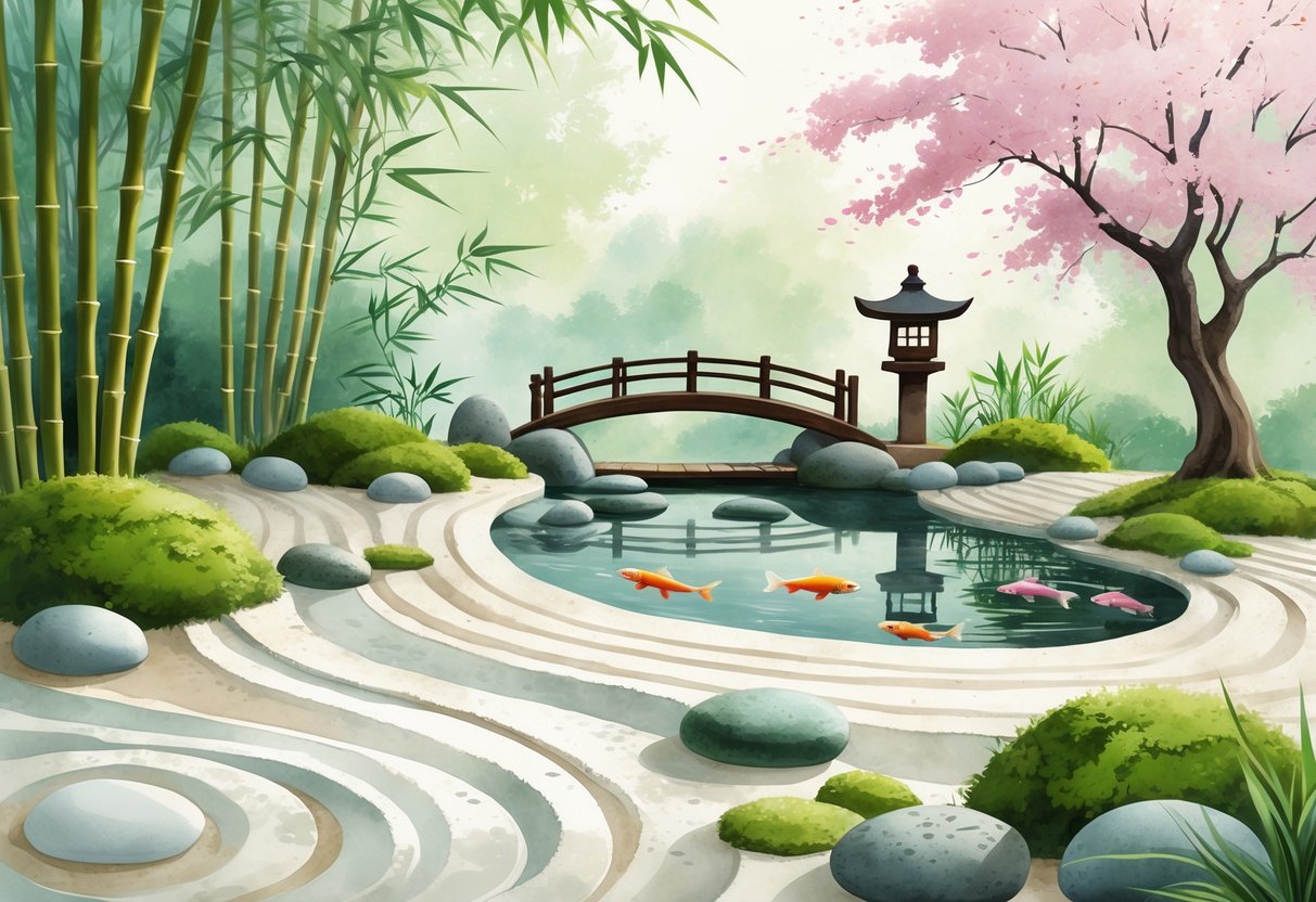 A peaceful garden with raked sand, round stones, a small wooden bridge over a pond with fish, bamboo, cherry trees, a stone lantern, and a bonsai tree.