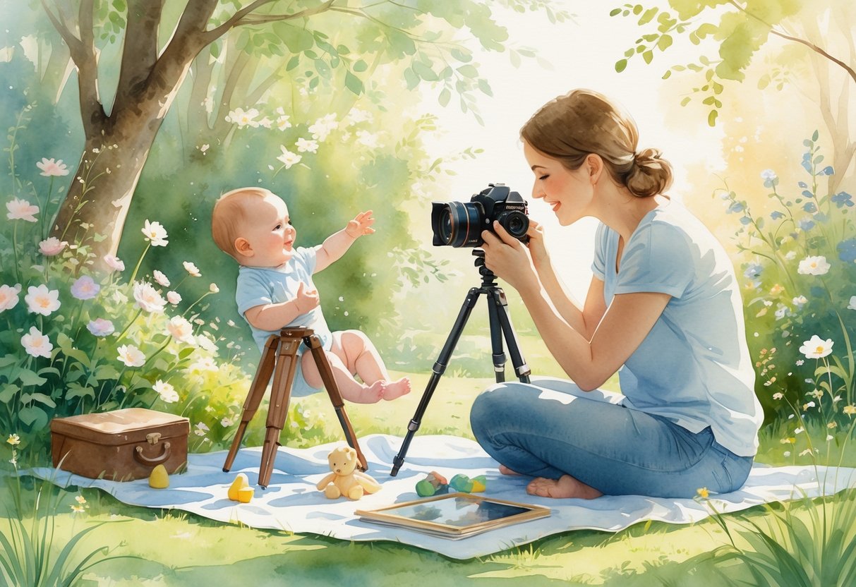 A new parent holding a baby outdoors in a garden, adjusting a camera to take photos while surrounded by flowers and greenery.