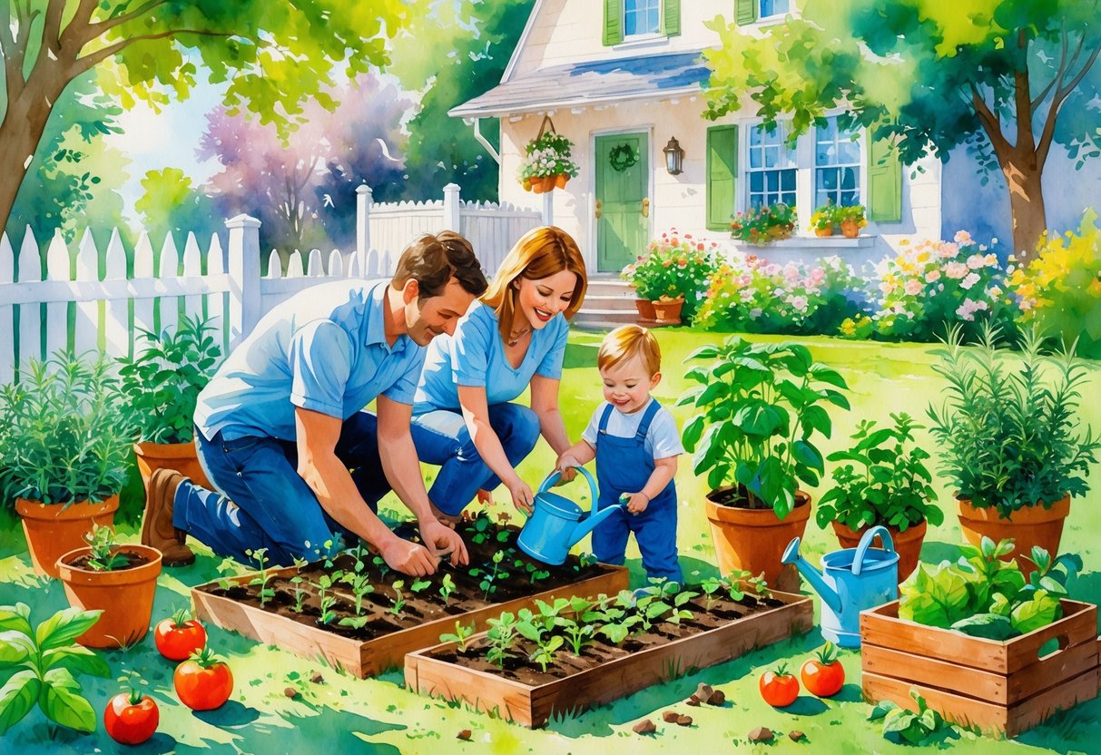 A young family planting vegetables and herbs in their backyard garden with a toddler watering plants nearby.