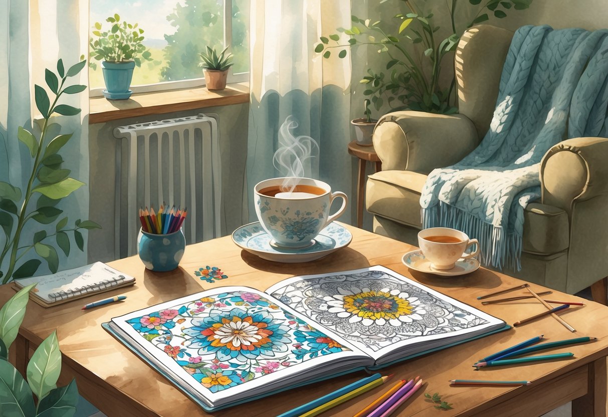 A cozy living room corner with an open coloring book, colored pencils, a cup of tea, a comfortable armchair, a sleeping baby crib, and small hobby items like a plant, journal, and knitting needles.