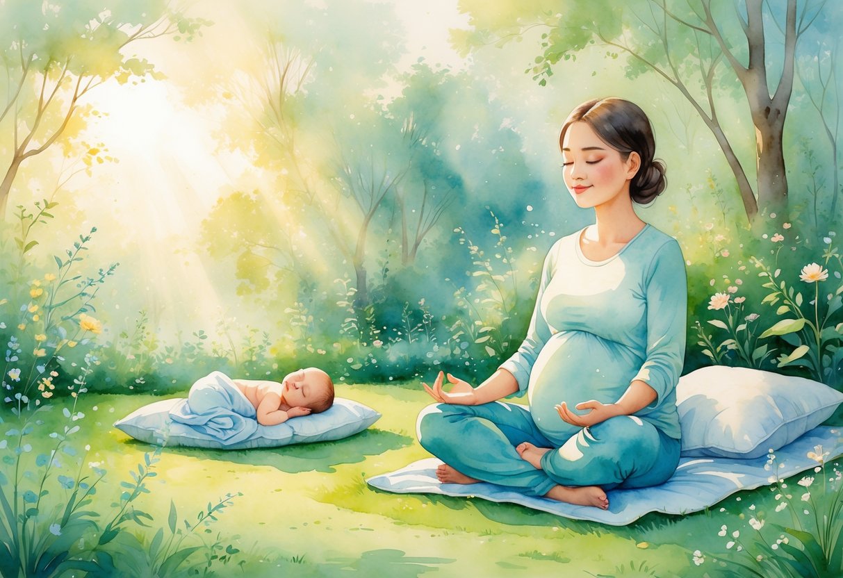 A new parent meditating outdoors with a sleeping baby nearby in a peaceful garden setting.