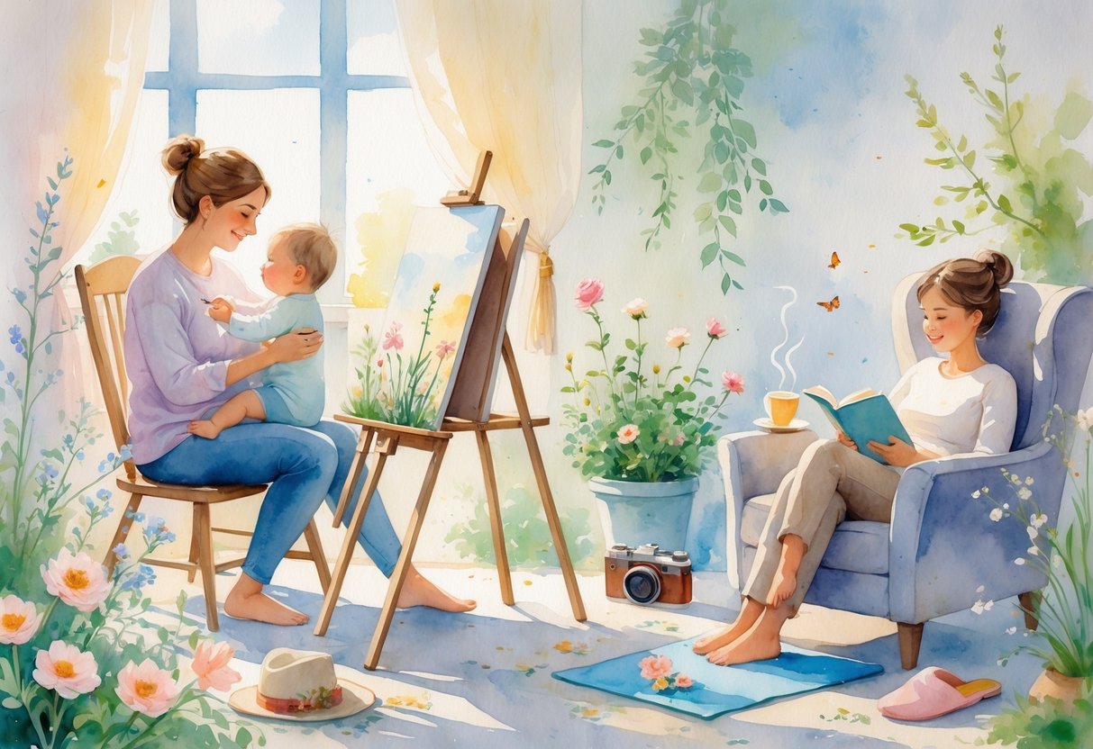 A new parent holding a baby while painting, with another parent reading nearby, surrounded by elements like a garden, knitting supplies, a camera, a guitar, and a yoga mat in a cozy room.