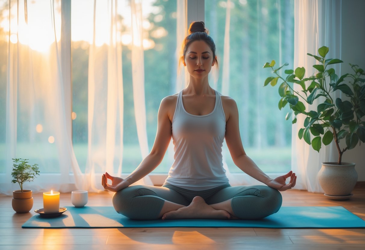 A person practicing yoga indoors near a window with sunlight, surrounded by a plant, candle, and tea cup.