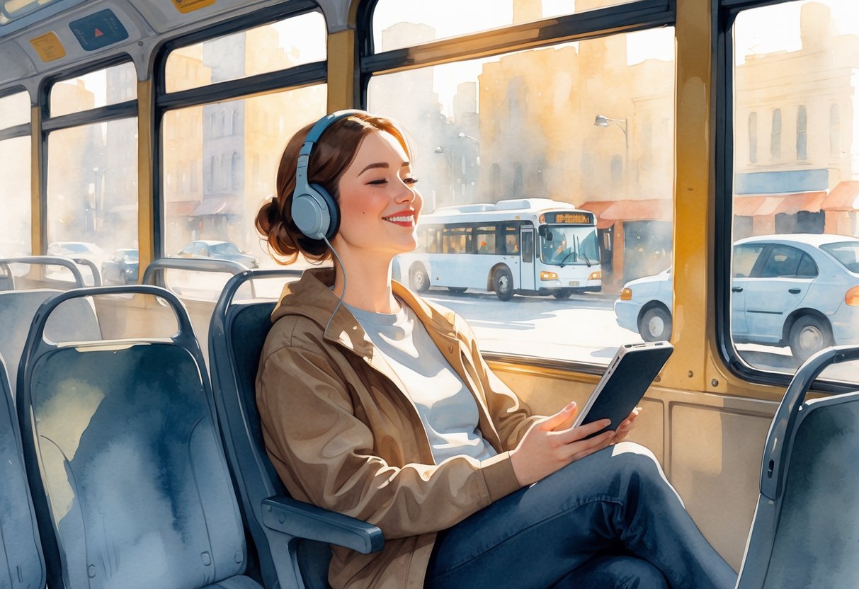 A person sitting on a city bus wearing headphones and smiling while listening to an audiobook during their commute.