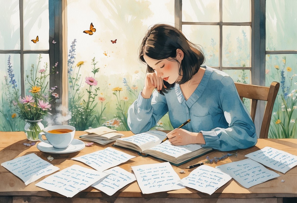 A person sitting at a desk by a window, writing poetry in a notebook with papers and a cup of tea nearby, with a garden visible outside.