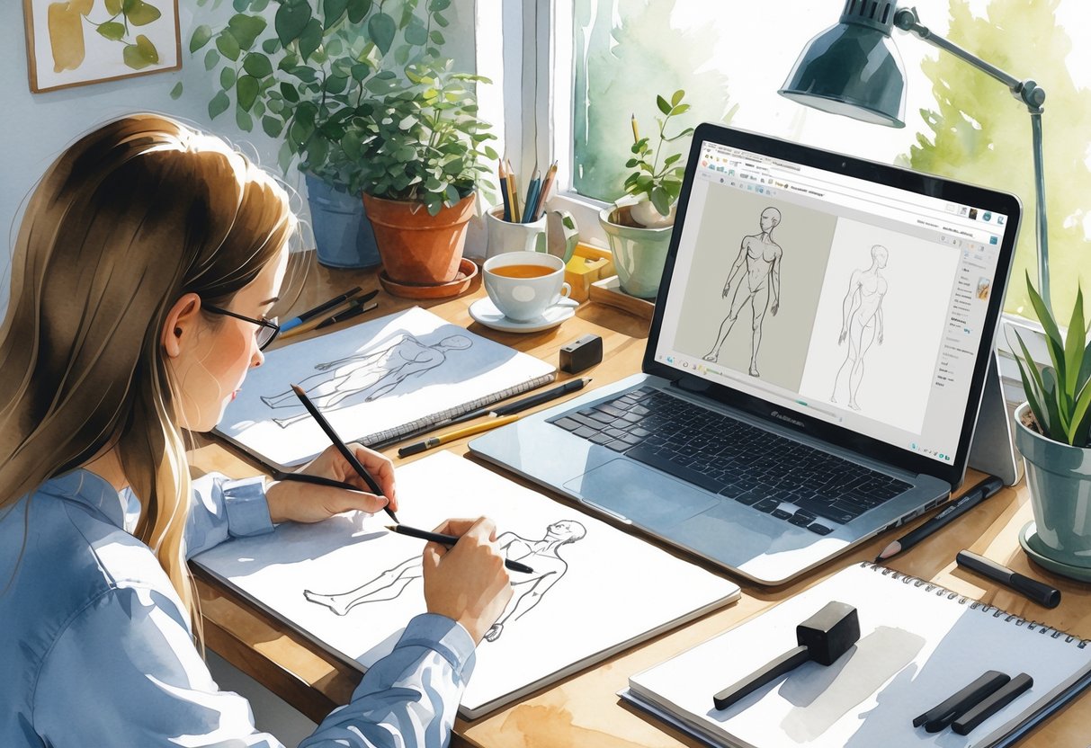A person drawing a human figure at a desk with art supplies and a laptop showing an online tutorial in a cozy room.