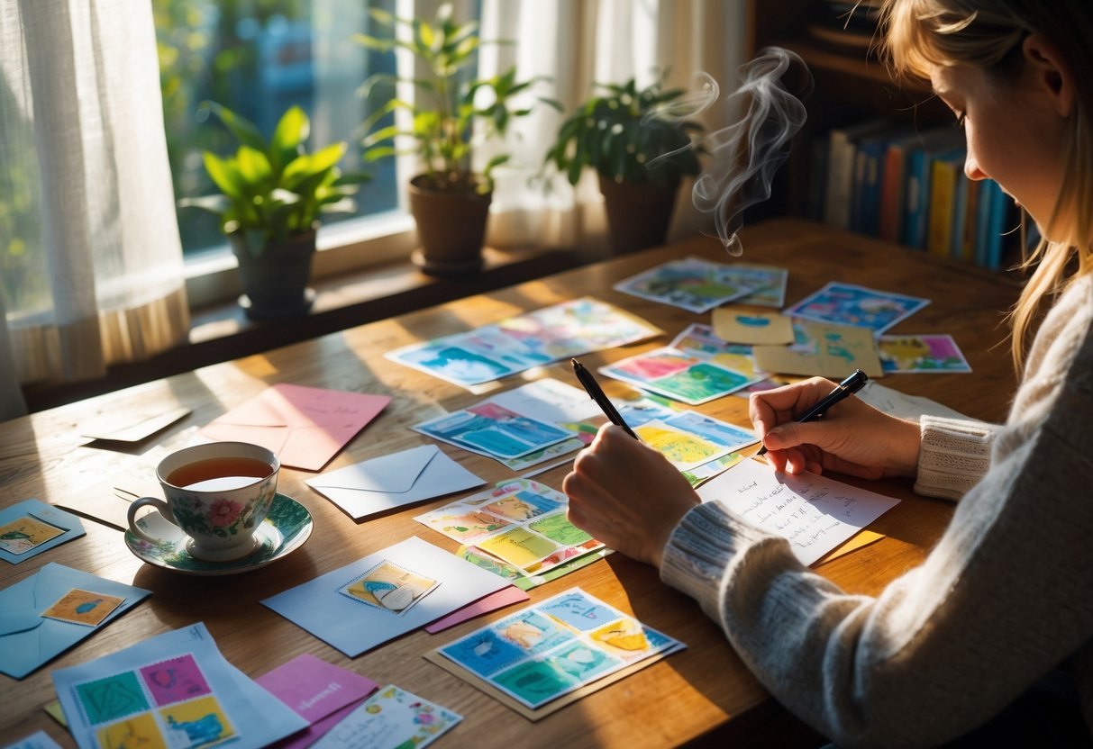 A person writing postcards at a wooden desk near a window with plants and books nearby.
