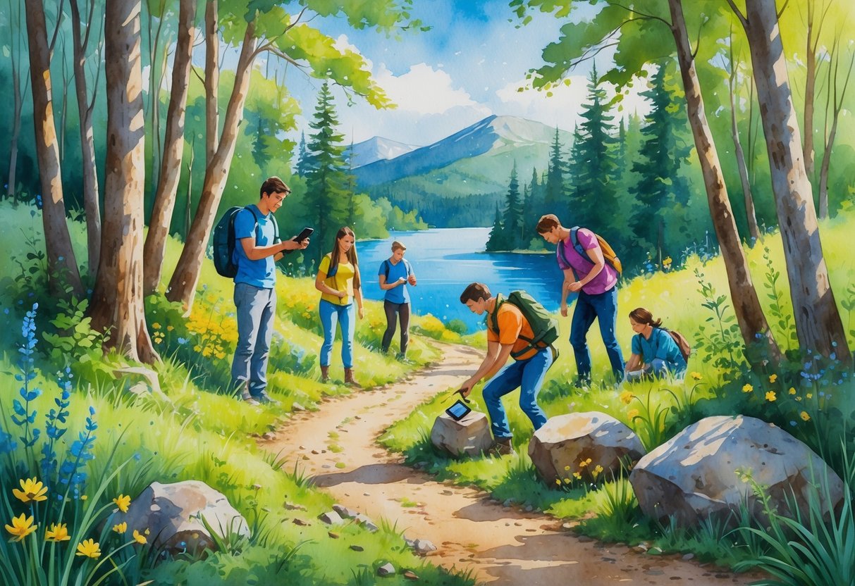 People searching for a hidden container in a forest near a lake with trees, flowers, and mountains in the background.