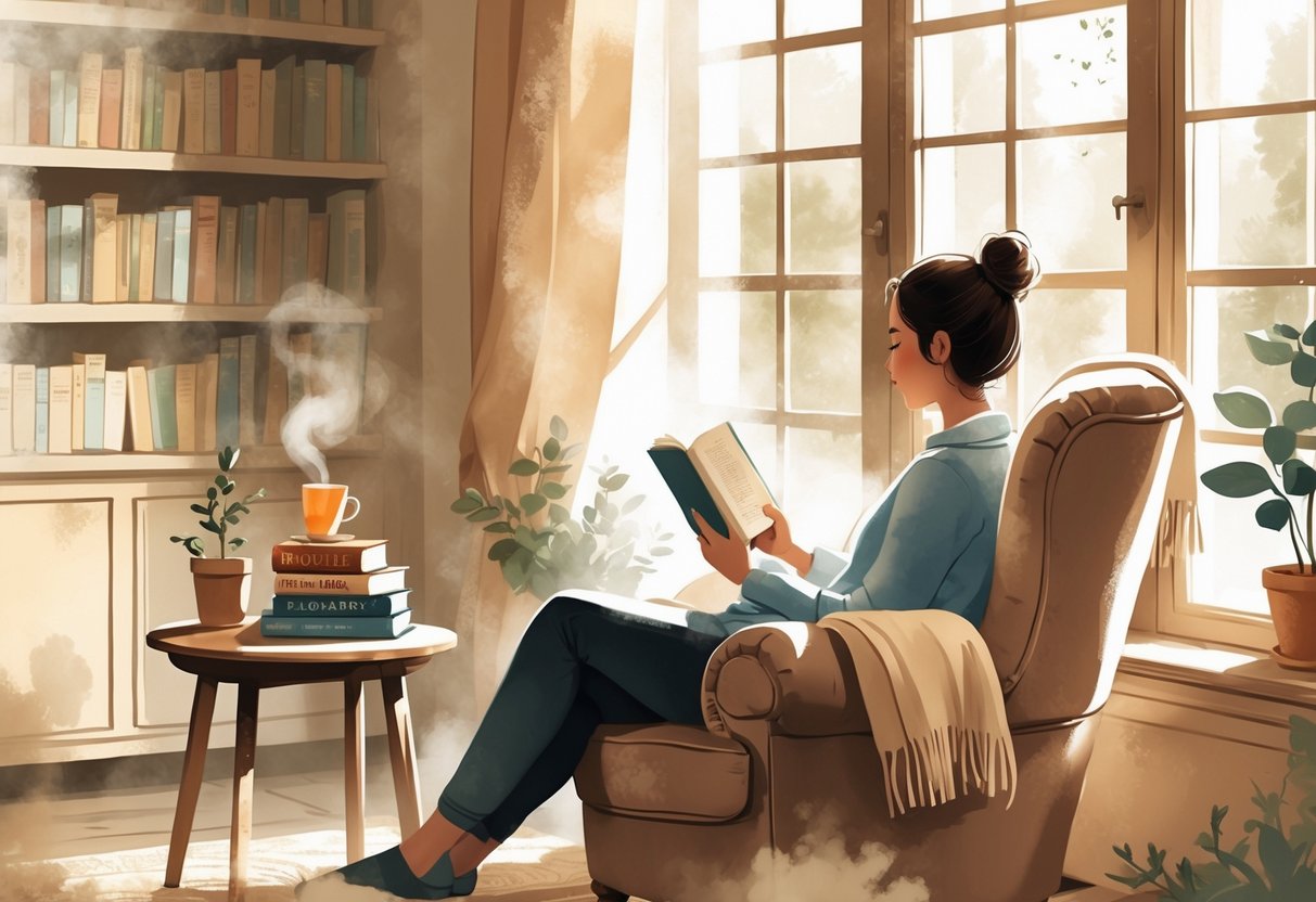 A person sitting in a comfortable chair by a window, reading a book with a cup of tea and a stack of books nearby.