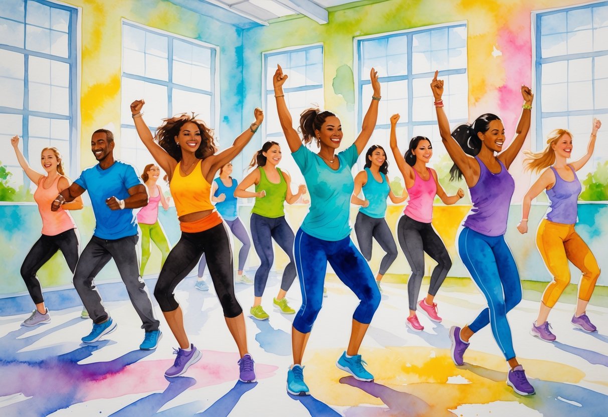 A group of people energetically dancing together in a bright studio during a Zumba workout.