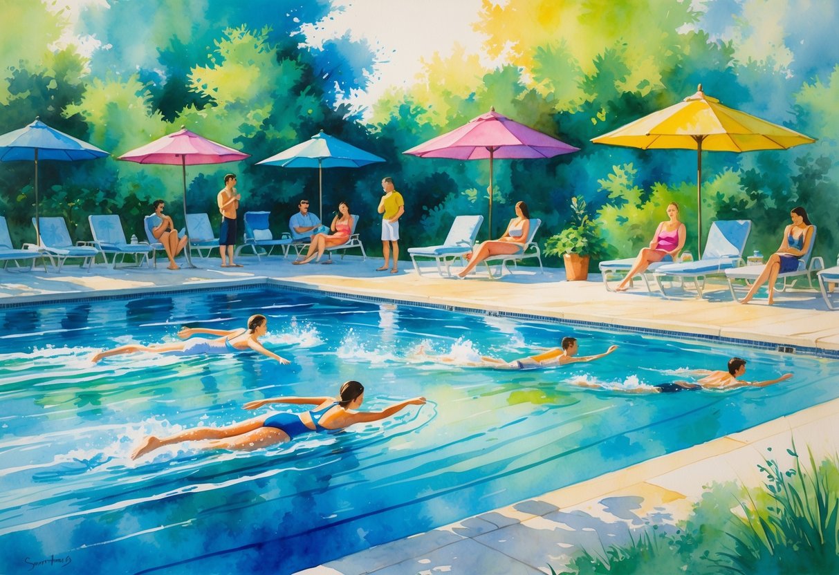 People swimming and relaxing at a local outdoor pool surrounded by greenery on a sunny day.