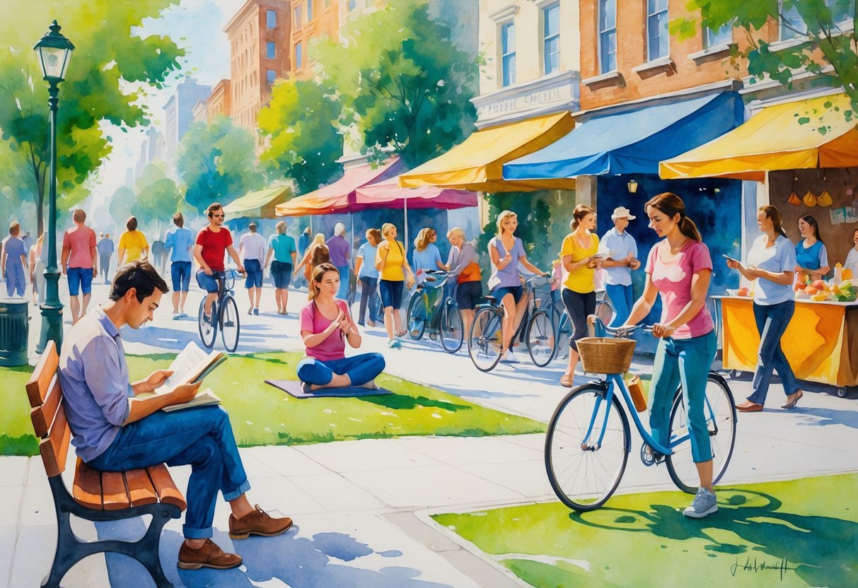 A busy city scene where people are reading, sketching, doing yoga, cycling, and listening to street musicians in a public park and street market.