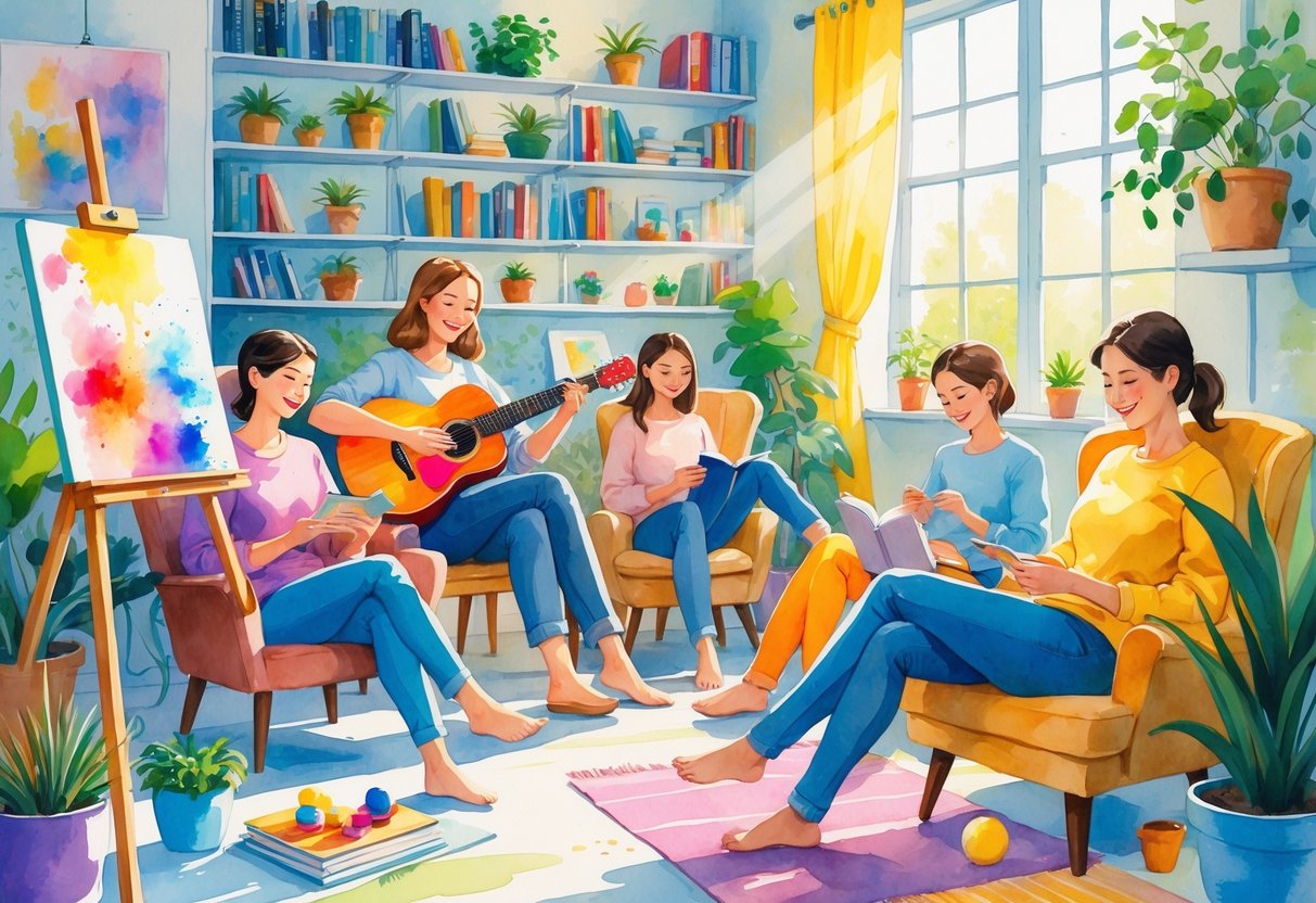 A cozy room with people engaged in painting, playing guitar, reading, gardening, knitting, and doing yoga.