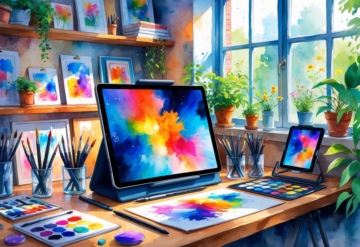 An artist's workspace with a digital tablet, art tools, books, and plants arranged on a desk near a window.