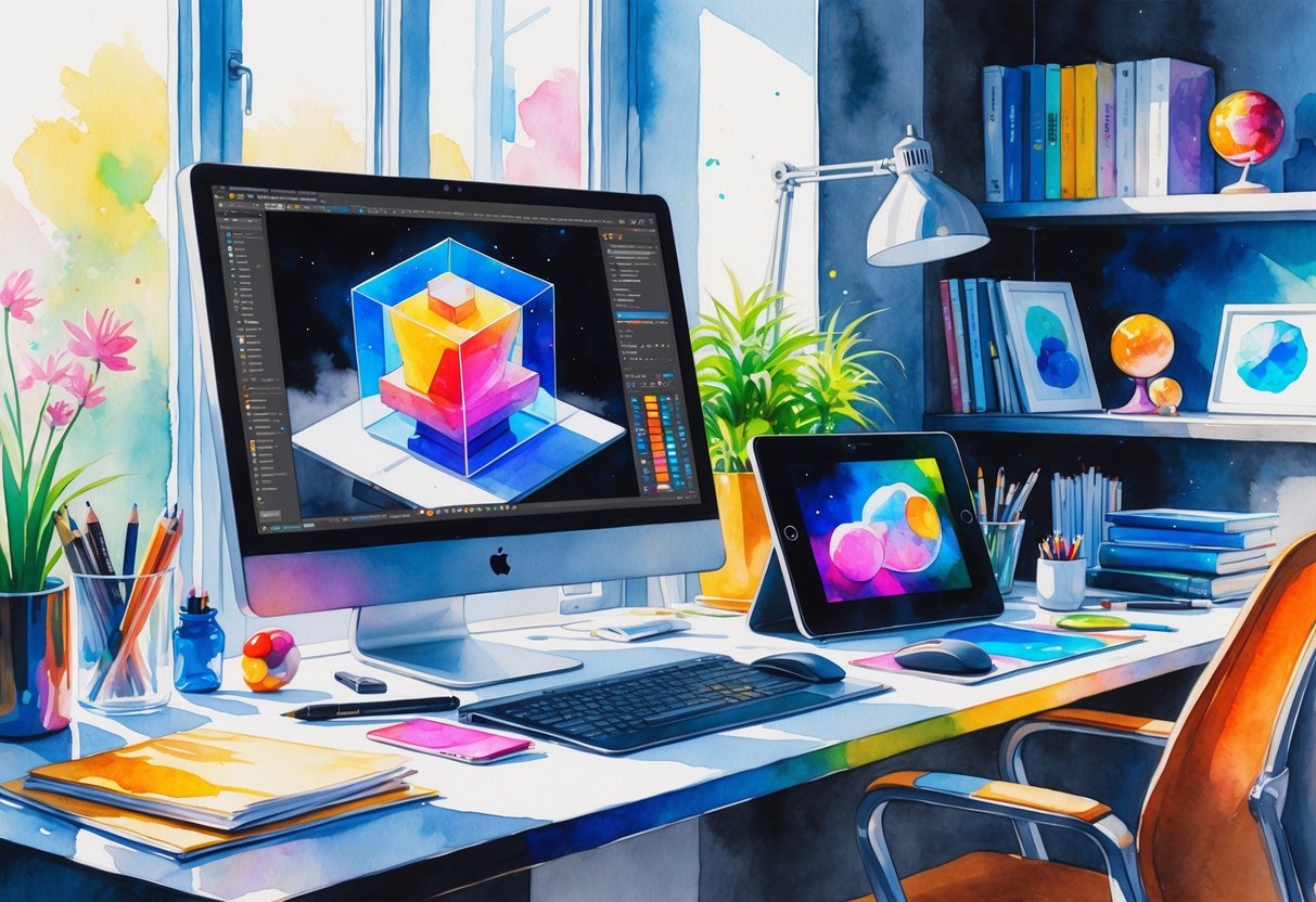 A creative workspace with a computer showing a 3D model, a graphics tablet, sketchbooks, and art supplies on a desk near a window.