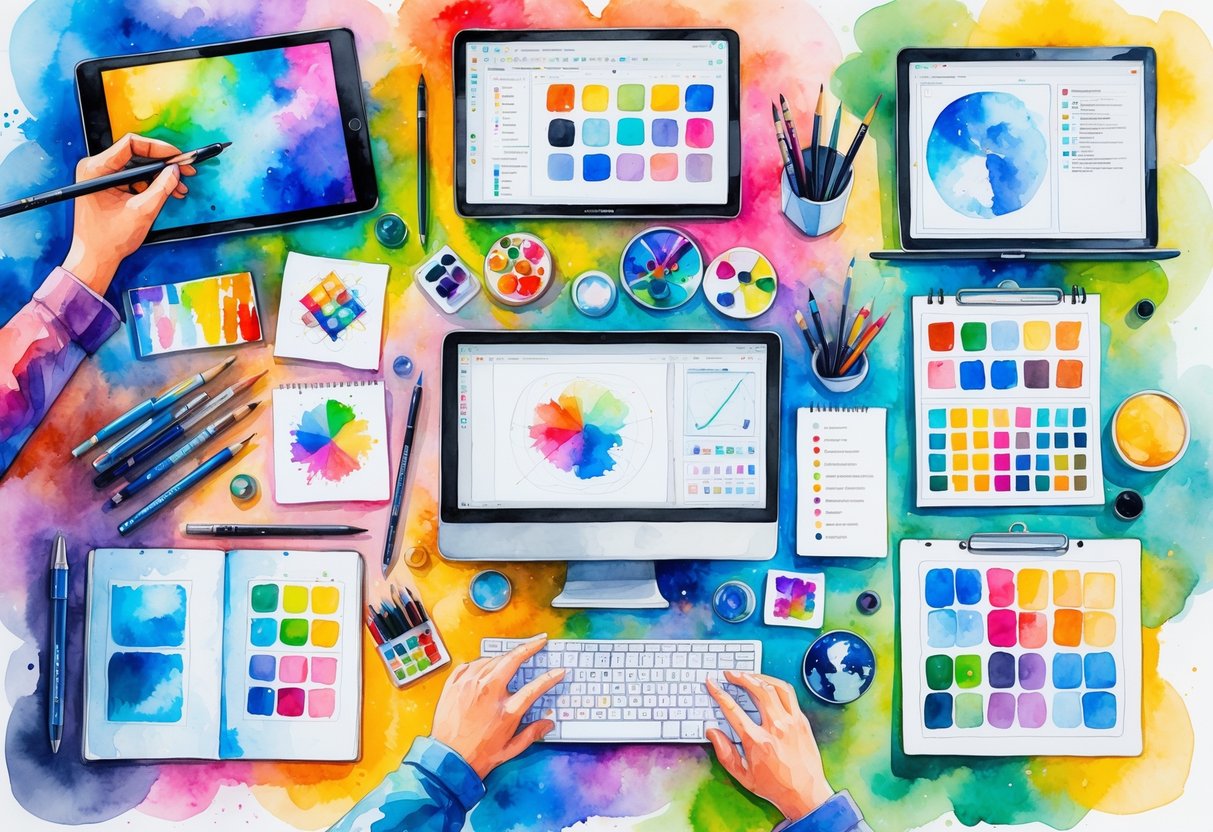 A collection of artistic tools and activities representing various digital art hobbies, including a digital tablet, computer screen, stylus, color palette, sketches, animation frames, 3D modeling, pixel art, and brushes arranged in a creative workspace.
