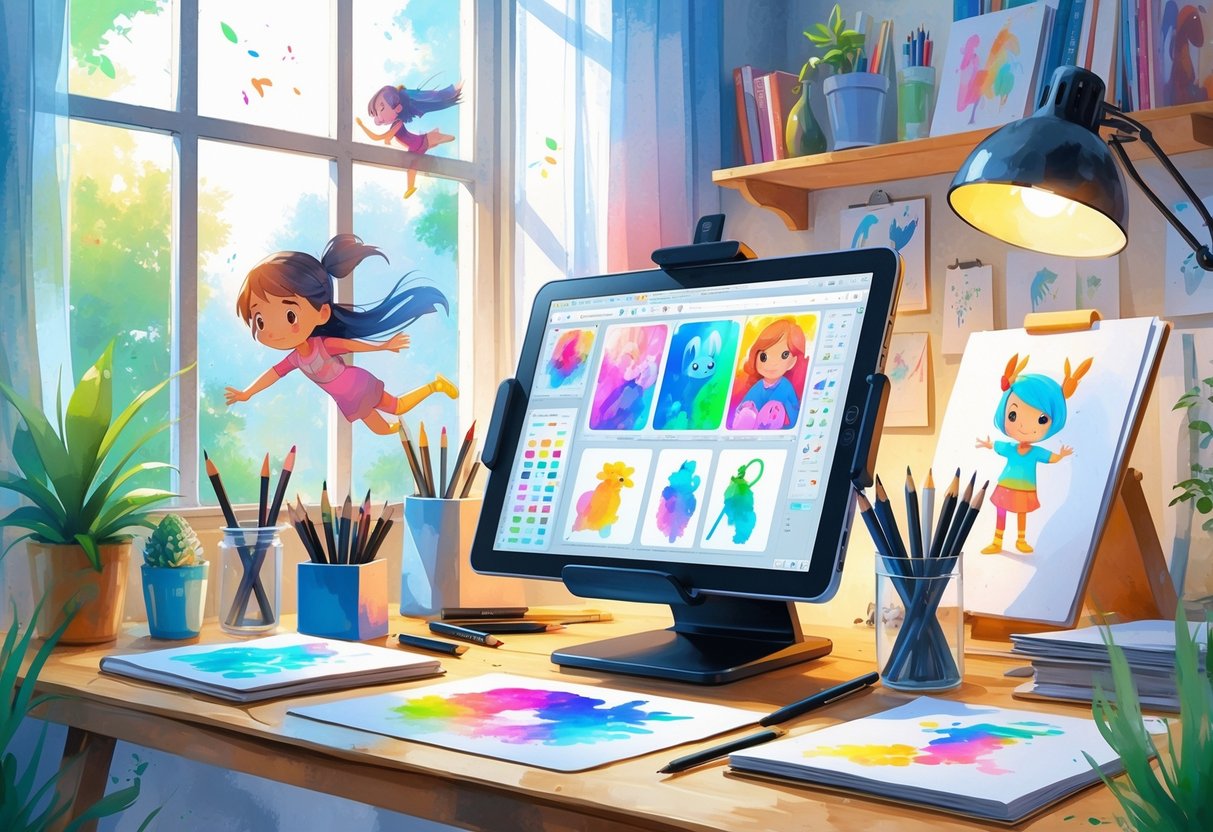 An artist’s desk with a drawing tablet showing animation frames, surrounded by art supplies and sketches, with animated characters in motion in the background.